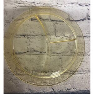 Vtg 10.25" Yellow Depression Glass 3 Part Divided Relish Dish Floral Etched